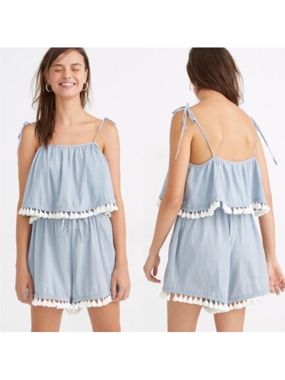 Madewell Soft Blue Tassel-Hem Sleeveless Romper